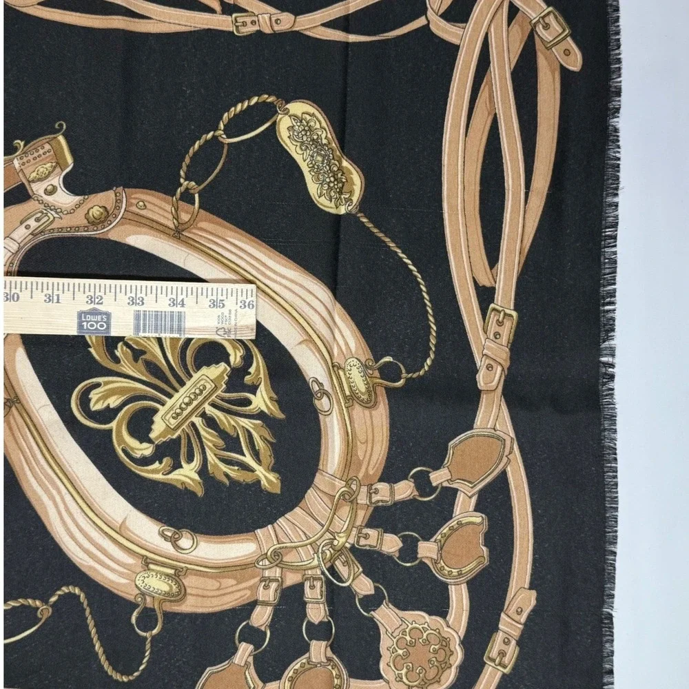 VTG Ray Strauss‎ Equestrian Scarf Black Gold Chain & Bit Fringe 46